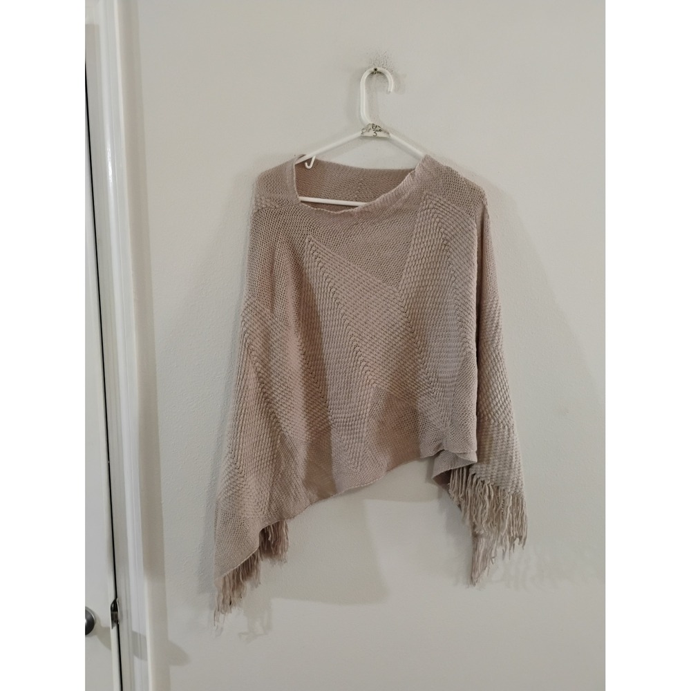 Textured Knit Fringe Poncho Wrap Asymmetrical Taupe Beige One Size Layering